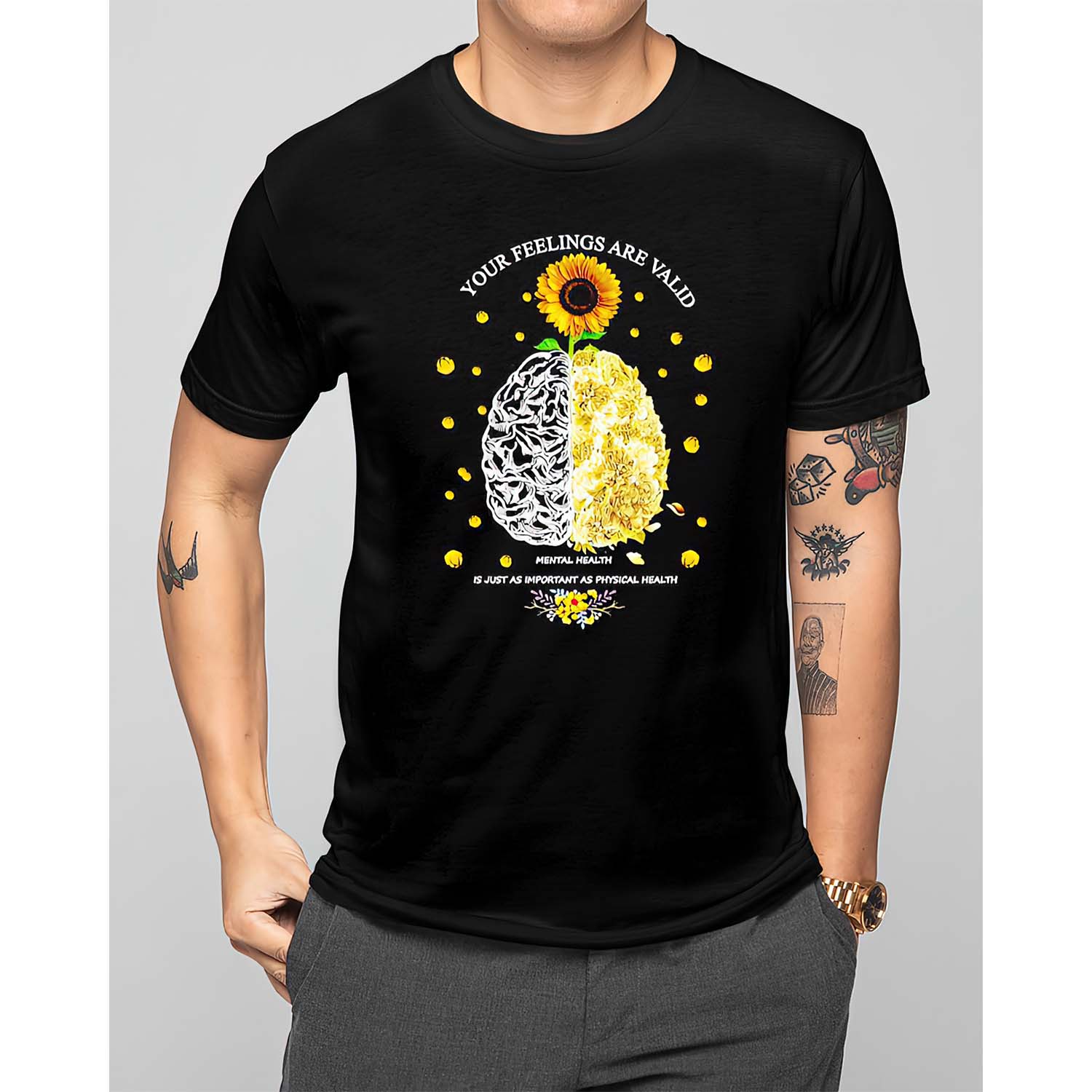 Brain And Sunflowers Your Feelings Are Valid Mental Health Shirt