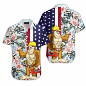 Bigfoot Mechanic Flag Tropical Aloha Hawaiian Shirt