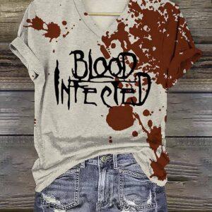 Women’s Halloween Blood Infected Print Crew Neck Shirt