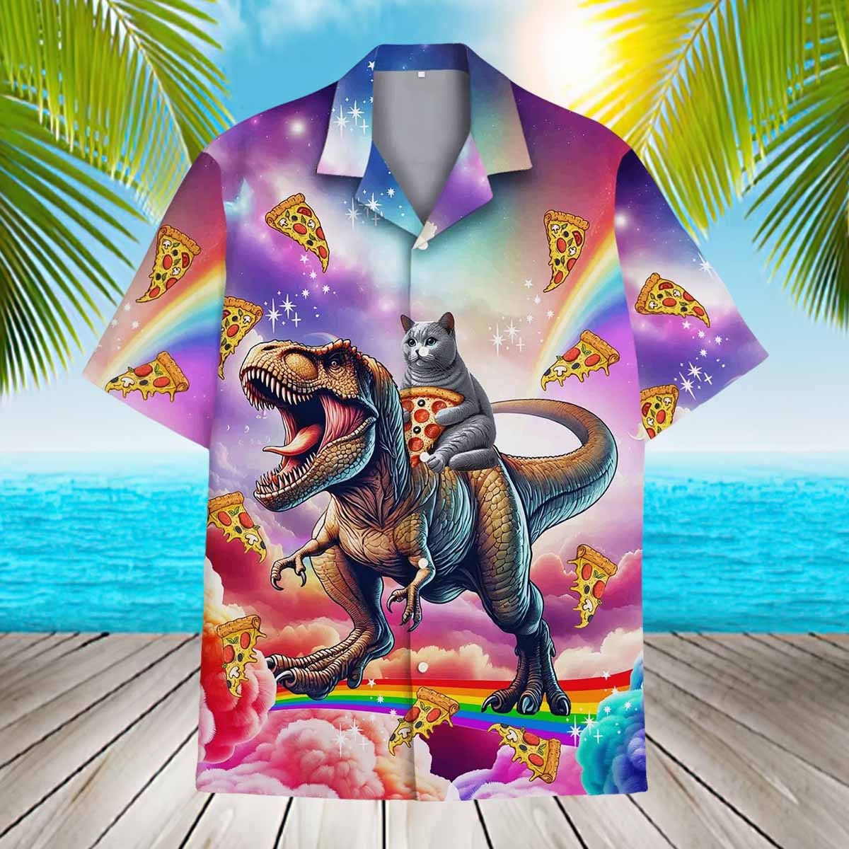 Galaxy Cat Riding Dinosaur Hawaiian Shirt Galaxy Cat Riding Dinosaur Hawaiian Shirt